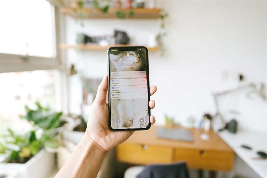Hand holding up a smartphone